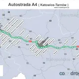 Mapa autostrady A4 od Gliwic przez Katowice do Tarnowa, z zaznaczonymi miastami i węzłami.