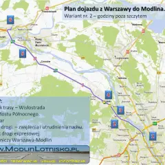 Trasa z Warszawy Centralnej do Modlina, z zaznaczonymi punktami: Wisłostrada, Węzeł Mostu Północnego, fotoradar, remont drogi, odcinek ekspresowy, port lotniczy.