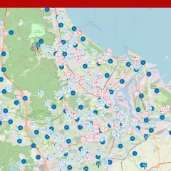 Mapa pokazuje sieć **Gdańsk public transport** z zaznaczonymi przystankami i trasami.
