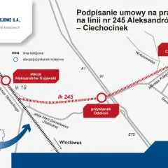 Mapa przedstawia przebieg linii kolejowej nr 245 między Aleksandrowem Kujawskim a Ciechocinkiem, z zaznaczonymi stacjami i przystankami.