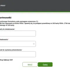 Formularz doładowania karty PEKA. Wpisz numer karty, kwotę i email, aby doładować t-portmonetkę.