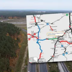 Mapa drogowa z zaznaczonymi trasami, w tym S10 Nakło nad Notecią - Bydgoszcz Zachód. W tle las i autostrada.