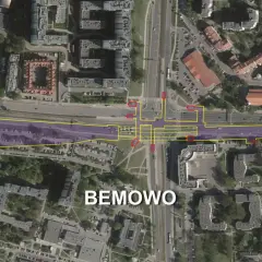 Widok z lotu ptaka na Bemowo z zaznaczonym obszarem metra, skrzyżowaniami i budynkami.
