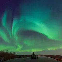 Zielona zorza polarna nad śnieżnym krajobrazem w Norwegii. Niebo rozświetlone tańczącymi światłami.