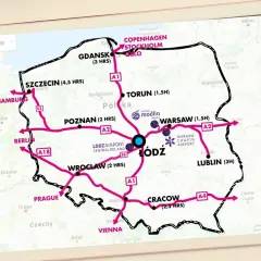 Mapa Polski z zaznaczonymi trasami i czasami dojazdu. Centralnym punktem jest Łódź, połączona z Warszawą, Poznaniem, Wrocławiem, Krakowem, Lublinem, Gdańskiem, Szczecinem, Berlinem, Hamburgiem, Pragą i Wiedniem.