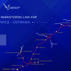 Mapa inwestycji kolejowej: wariant Katowice - Ostrawa. Czerwona linia to nowa trasa, białe linie to istniejące tory. Żółte kółka oznaczają nowe stacje.