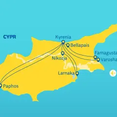 Mapa Cypru z zaznaczonymi miastami: Paphos, Nikozja, Larnaka, Kyrenia, Bellapais, Famagusta, Varosha. Widoczne linie lotnicze i dwa samoloty symbolizujące lotniska.