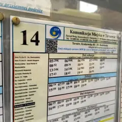 Rozkład jazdy autobusu linii 14 w Tarnowie z godzinami odjazdów i nazwami przystanków.