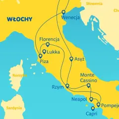 Mapa Włoch z zaznaczonymi miastami: Wenecja, Florencja, Piza, Rzym, Neapol. Trasa autokarem do Włoch obejmuje te malownicze miejsca.