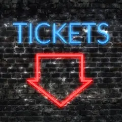 Napis "TICKETS" świeci na niebiesko nad czerwoną strzałką wskazującą w dół. To znak, jak kupić bilet online.