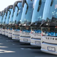 Rząd białych autokarów Sindbad, gotowych do podróży po Wielkiej Brytanii.
