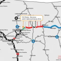 Mapa dróg krajowych z zaznaczoną trasą S16 Olsztyn - Barczewo, która jest w przetargu. Widać też inne drogi w regionie Olsztyna i Mikołajek.