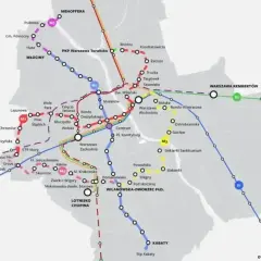 Mapa pokazuje stacje drugiej linii metra w Warszawie, z zaznaczonymi stacjami i przebiegiem linii M1, M2, M3, M4 i S1.