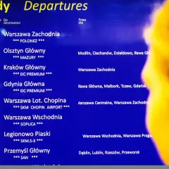 Tablica odjazdów PKP: Warszawa Zachodnia, Olsztyn, Kraków, Gdynia, Warszawa Lot. Chopina, Warszawa Wschodnia, Legionowo Piaski, Przemyśl Główny. Kiedy zmiana rozkładu jazdy PKP, warto sprawdzić te połączenia.