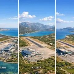 Trzy lotniska na Sardynii: Cagliari, Olbia i Alghero, z widokiem na morze i góry.