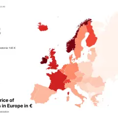 Mapa Europy pokazuje ceny papierosów. Norwegia ma wysokie ceny, 13.05 €, co czyni ją jednym z najdroższych krajów.