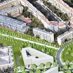 Wizualizacja nowej trasy łazienkowskiej z nowoczesną architekturą i terenami zielonymi.