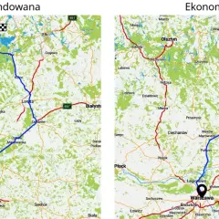 Trasy z Olsztyna do Warszawy: rekomendowana (niebieska) i ekonomiczna (czerwona). Idealne na mikołajki!