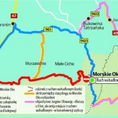Mapa dróg z Zakopanego do Morskiego Oka. Pokazuje objazdy przez Bukowinę Tatrzańską i Słowację, omijające korki.
