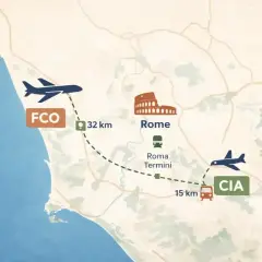 Mapa pokazuje połączenia lotnicze między lotniskiem FCO a Rzymem (32 km) oraz między Rzymem a lotniskiem CIA (15 km).