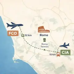 Mapa pokazuje połączenia lotnicze i kolejowe z lotniska Rzym Fiumicino (FCO) do centrum Rzymu (Koloseum, Roma Termini) i lotniska Ciampino (CIA).