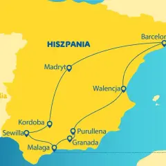 Mapa Hiszpanii z trasą autokaru: Barcelona, Walencja, Madryt, Kordoba, Sewilla, Malaga, Grenada, Purullena. Podróż do Hiszpanii autokarem to przygoda!