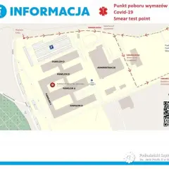 Mapa pokazuje jak dojechać z dworca w Krakowie do szpitala Jana Pawła II w Nowym Targu, wskazując drogę do punktu poboru wymazów Covid-19.