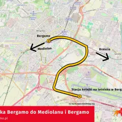 Trasa kolejowa z lotniska w Bergamo do Mediolanu i Bergamo. Mapa pokazuje połączenie kolejowe między lotniskiem a miastami.