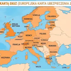 Mapa Europy z zaznaczonymi krajami objętymi EKUZ. Widoczna Norwegia, Szwecja, Finlandia, Polska, Niemcy, Włochy i inne państwa.