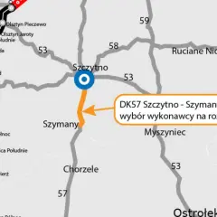 Mapa drogowa z zaznaczonym odcinkiem DK57 Szczytno - Szymany. Widać połączenia z Olsztynem i innymi miastami.