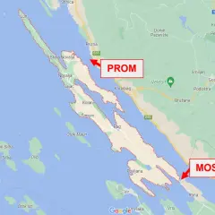 Mapa Chorwacji z zaznaczonymi wyspami Pag i okolicami. Czerwone strzałki wskazują prom i most łączące wyspę z lądem.