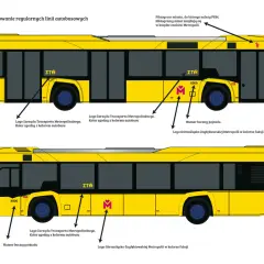 Żółty autobus z oznaczeniami: ZTM, logo operatora, logo Metropolii i numer boczny pojazdu.