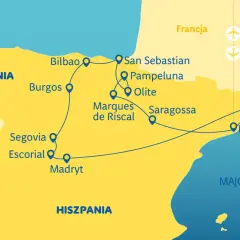 Mapa Hiszpanii z trasą turystyczną: Madryt, Barcelona, Bilbao, San Sebastian i inne.