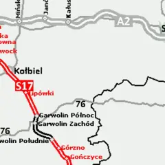 Mapa drogowa z zaznaczoną trasą S17 między Warszawą a Garwolinem. Widoczne miejscowości: Otwock, Kołbiel, Góra Kalwaria, Garwolin.