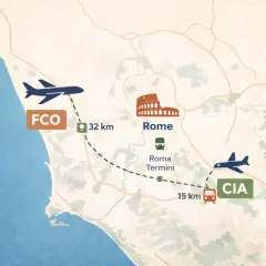 Mapa pokazuje połączenia między lotniskami FCO i CIA a Rzymem.