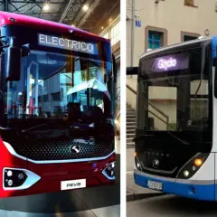 Dwa autobusy, jeden czerwony z napisem "ELECTRICO", drugi biało-niebieski z napisem "Giżycko". Może jeden z nich pojedzie z Krakowa do Bochni?