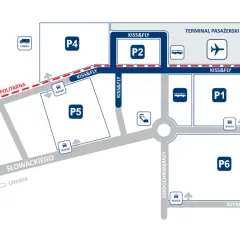Schemat lotniska z parkingami P1-P6, terminalem pasażerskim, drogą "KISS&FLY" i Pomorską Koleją Metropolitalną. Kierunek Gdańsk.