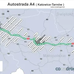 Mapa autostrady A4 od Gliwic przez Katowice do Tarnowa, z zaznaczonymi miastami i węzłami.