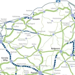 Mapa drogowa Polski z zaznaczonymi trasami, w tym **Darłowo trasa** na wybrzeżu. Widoczne miasta: Koszalin, Szczecin, Gdańsk, Poznań.