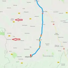 Trasa Zakopane - Kraków: przejazd przez Chochołów, Czarny Dunajec, Nowy Targ. Czas przejazdu zależy od natężenia ruchu.