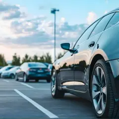 Czarne auto na parkingu, w tle rzędy innych pojazdów. Szukasz aut z Norwegii? Strony z ofertami mogą pomóc.