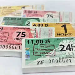 Kolekcja biletów komunikacji miejskiej z Gdańska: 75-minutowe, 24-godzinne i inne.