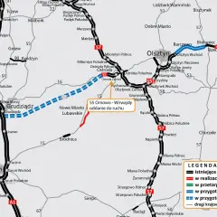 Mapa drogowa okolic Olsztyna, z zaznaczonymi drogami krajowymi i ekspresowymi, w tym odcinkiem S5 Ornowo-Wirwajdy.