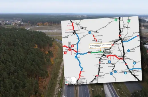 Mapa drogowa z zaznaczonymi trasami, w tym S10 Nakło nad Notecią - Bydgoszcz Zachód. W tle las i autostrada.