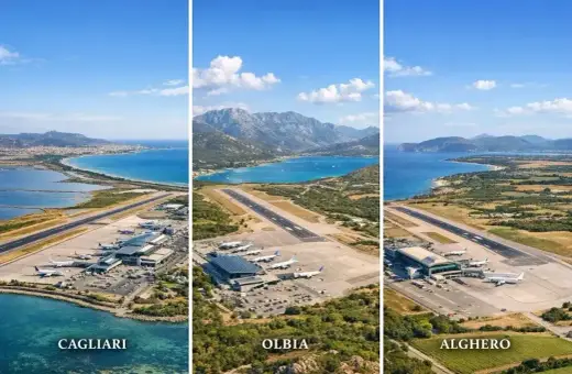 Trzy lotniska na Sardynii: Cagliari, Olbia i Alghero, z widokiem na morze i góry.