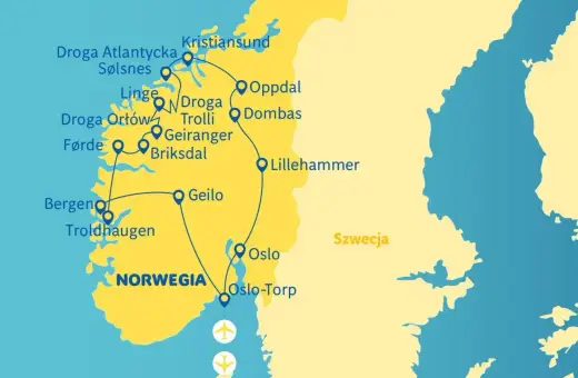 Mapa trasy wycieczki po fiordach norweskich: od Bergen przez Geiranger, Trollstigę, Drogę Atlantycką do Kristiansund, z powrotem do Oslo.