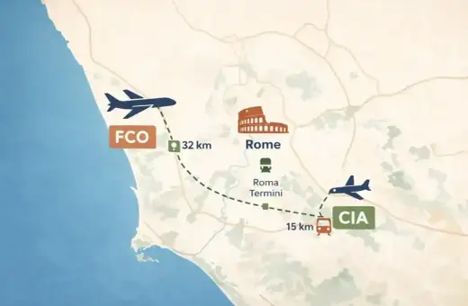 Mapa pokazuje połączenia lotnicze i kolejowe z lotniska Rzym Fiumicino (FCO) do centrum Rzymu (Koloseum, Roma Termini) i lotniska Ciampino (CIA).