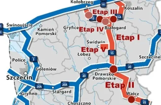 Mapa drogowa z etapami budowy, od Świnoujścia przez Białogard do Kołobrzegu i dalej.