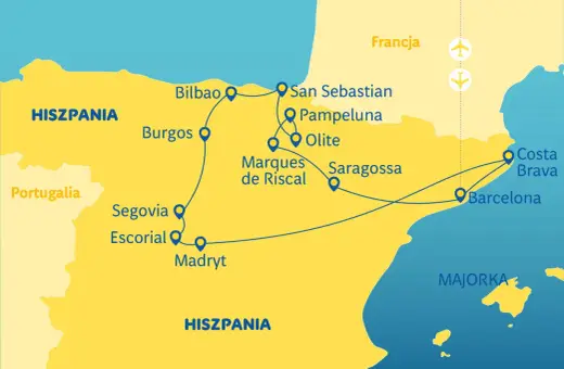 Mapa Hiszpanii z trasą turystyczną: Madryt, Barcelona, Bilbao, San Sebastian i inne.