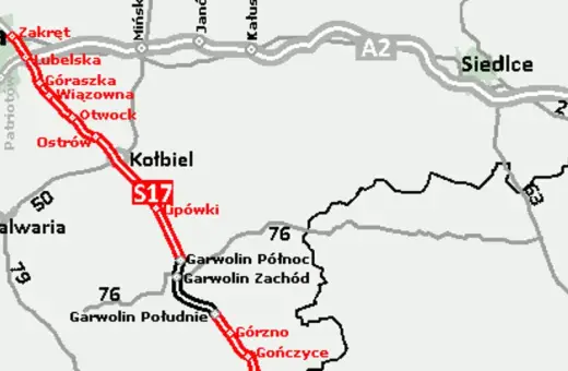 Mapa drogowa z zaznaczoną trasą S17 między Warszawą a Garwolinem. Widoczne miejscowości: Otwock, Kołbiel, Góra Kalwaria, Garwolin.
